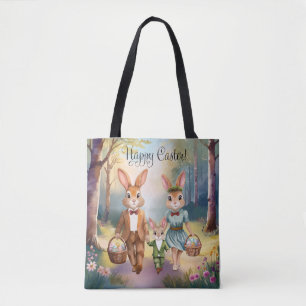 Easter Bunny Family Hunting for Eggs - Watercolor Tote Bag