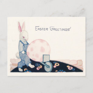Easter Bunny Farmer Wheelbarrow Egg Holiday Postcard