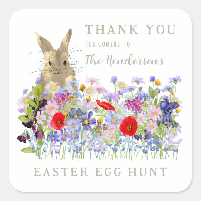 Easter Bunny Floral Egg hunt Thank You Square Sticker (Front)