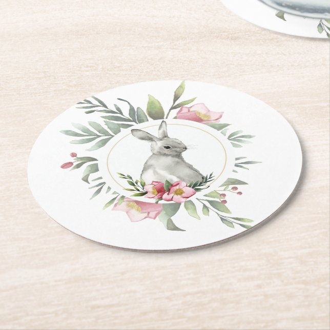 Easter Bunny Floral vintage Round Paper Coaster (Angled)