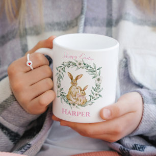 Easter Bunny Floral Wreath Happy Easter Mug