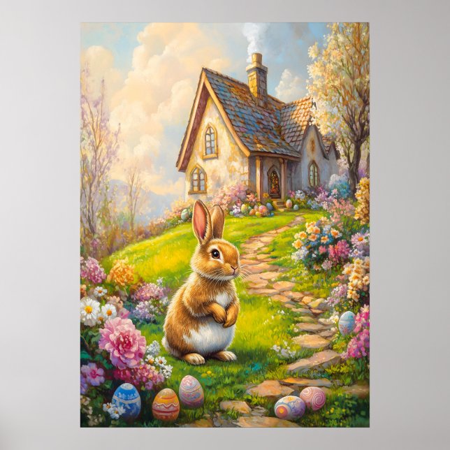 Easter Bunny Flower Cottage Garden Poster (Front)