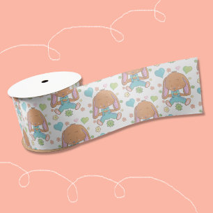 Easter Bunny Flowers and Hearts White Ribbon Satin Ribbon