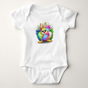 Easter Bunny Funny and Cute Character Biting an Eg Baby Bodysuit