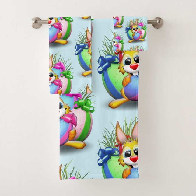Easter Bunny Funny and Cute Character Biting an Eg Bath Towel Set (Insitu)