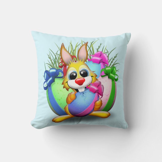 Easter Bunny Funny and Cute Character Biting an Eg Cushion (Front)