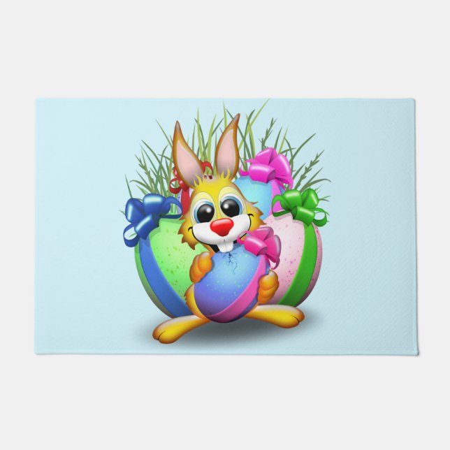 Easter Bunny Funny and Cute Character Biting an Eg Doormat (Front)