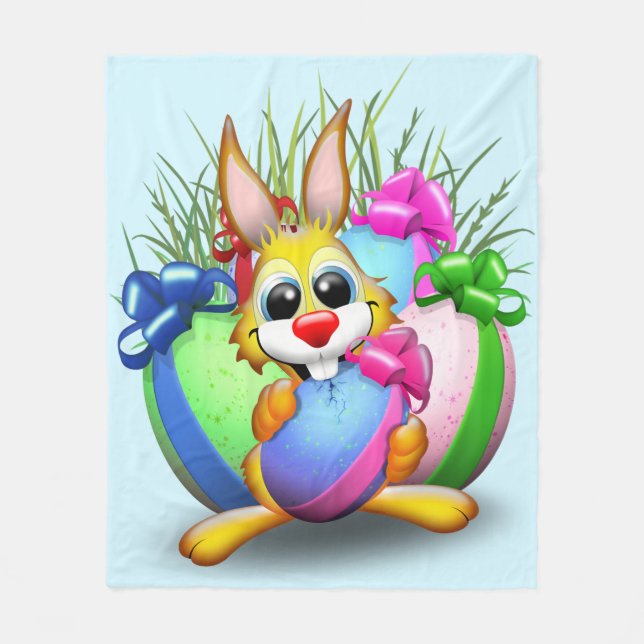 Easter Bunny Funny and Cute Character Biting an Eg Fleece Blanket (Front)