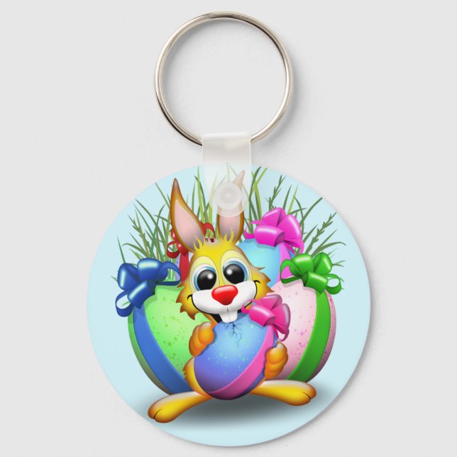 Easter Bunny Funny and Cute Character Biting an Eg Key Ring (Front)