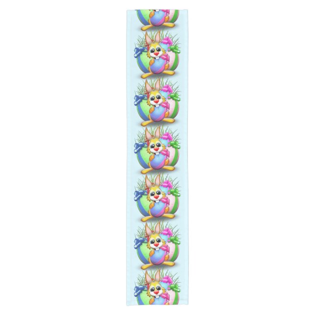 Easter Bunny Funny and Cute Character Biting an Eg Short Table Runner (Front)