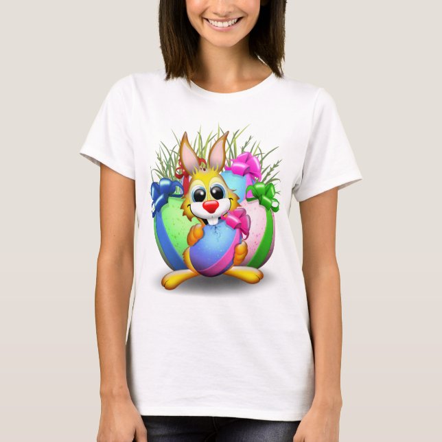 Easter Bunny Funny and Cute Character Biting an Eg T-Shirt (Front)