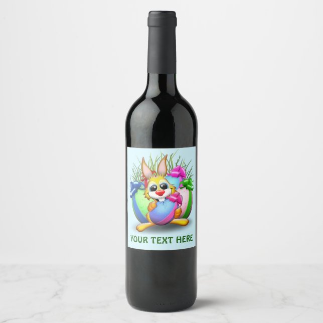 Easter Bunny Funny and Cute Character Biting an Eg Wine Label (Front)