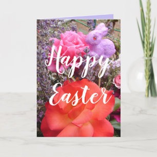 Easter Bunny Garden Red Pink Rose Spring floral Card