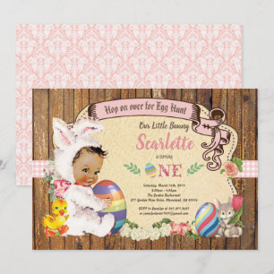 Easter bunny girl 1st birthday egg hunt vintage invitation