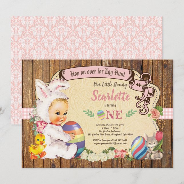 Easter bunny girl 1st birthday invitation vintage (Front/Back)