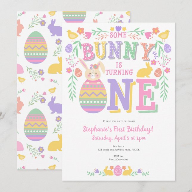 Easter, Bunny, Girl 1st, Spring Birthday Invitation (Front/Back)