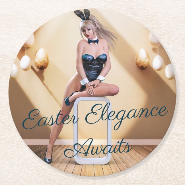Easter Bunny Girl Sitting on Round Edge Cube Round Paper Coaster (Front)