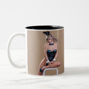 Easter Bunny Girl Sitting on Round Edge Cube Two-Tone Coffee Mug