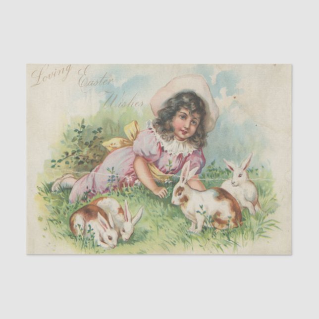 Easter Bunny Girl Vintage Postcard Card Tissue Paper (Front)