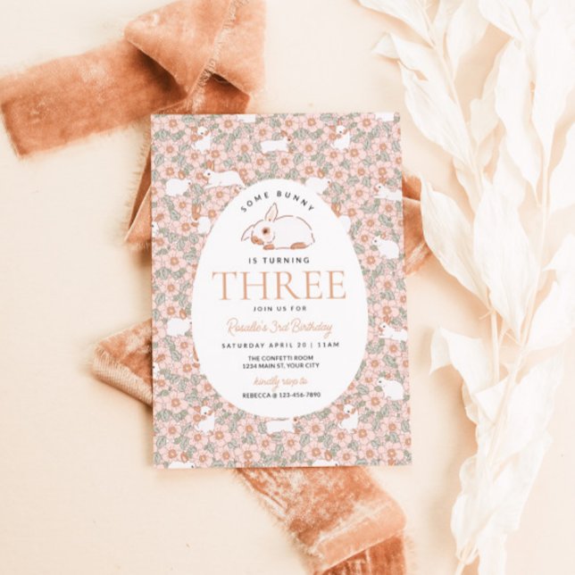 Easter Bunny Girls 3rd Birthday Invitation (Easter Bunny Girls Third Birthday Invite)