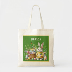 Easter bunny girls watercolor add name egg hunt  tote bag