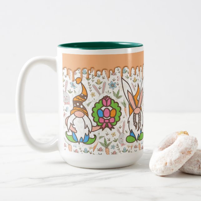 Easter Bunny Gnomes Spring Two-Tone Coffee Mug (With Donut)