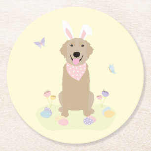 Easter Bunny Golden Retriever Round Paper Coaster