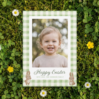 Easter Bunny Green Gingham Photo Holiday Card