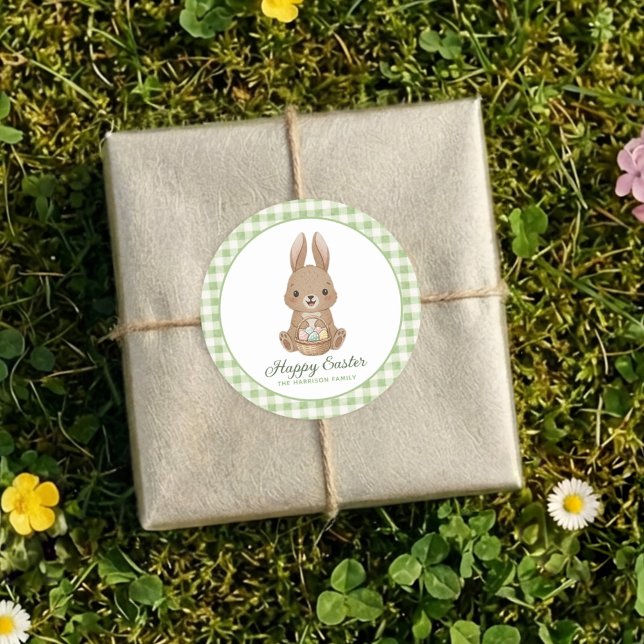 Easter Bunny Green Watercolor Gingham Classic Round Sticker (Creator Uploaded)