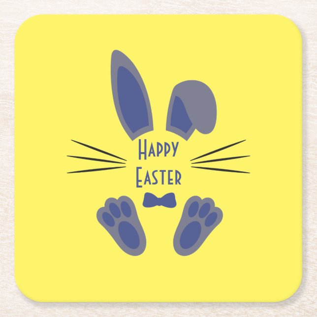 Easter Bunny Happy Easter Blue and Yellow Square Paper Coaster (Front)