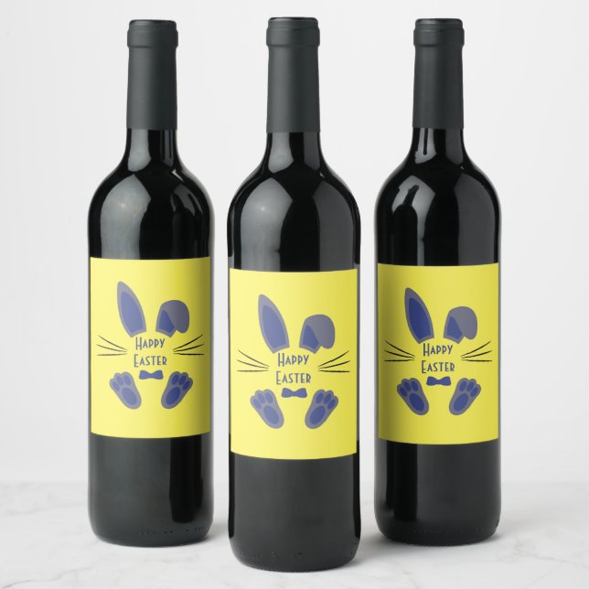 Easter Bunny Happy Easter Blue and Yellow Wine Label (Bottles)