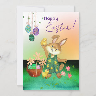 Easter bunny holding chicken holiday card