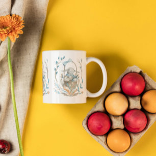 Easter bunny in a basket and spring flowers Two-Tone coffee mug