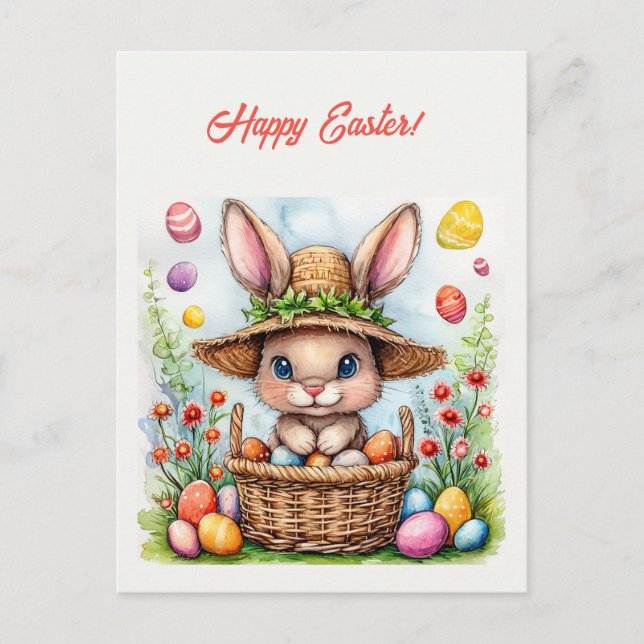 Easter Bunny in a Basket of Painted Eggs Happy Eas Postcard (Front)