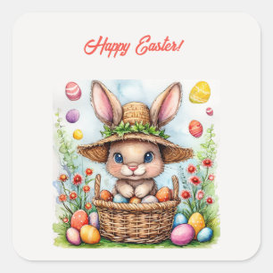 Easter Bunny in a Basket of Painted Eggs Happy Eas Square Sticker