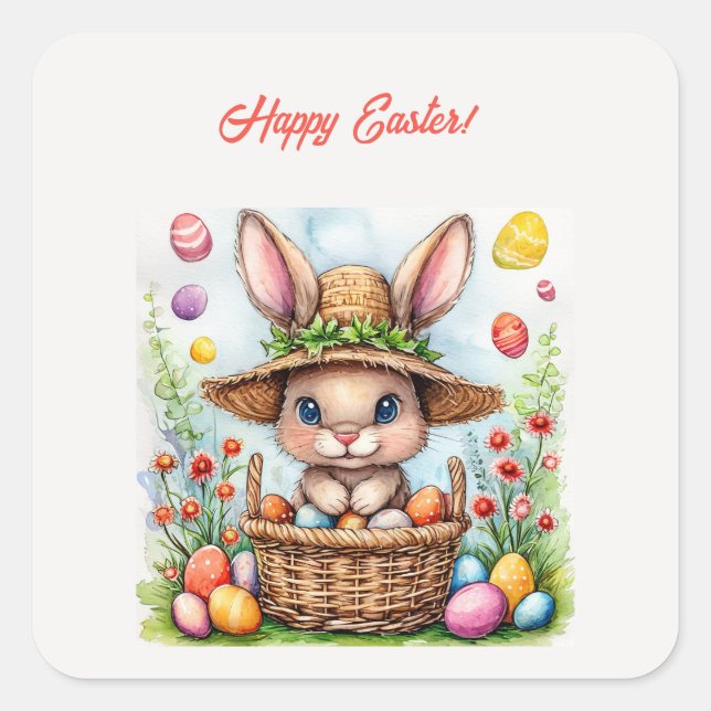 Easter Bunny in a Basket of Painted Eggs Happy Eas Square Sticker (Front)