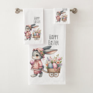 Easter Bunny in a bonnet with flowers in a cart Bath Towel Set