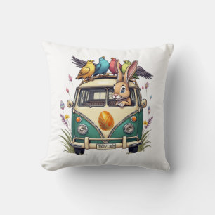 Easter Bunny in a Bus with Bird Friends- Spring Ce Cushion