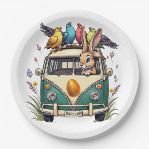 Easter Bunny in a Bus with Bird Friends- Spring Ce Paper Plate