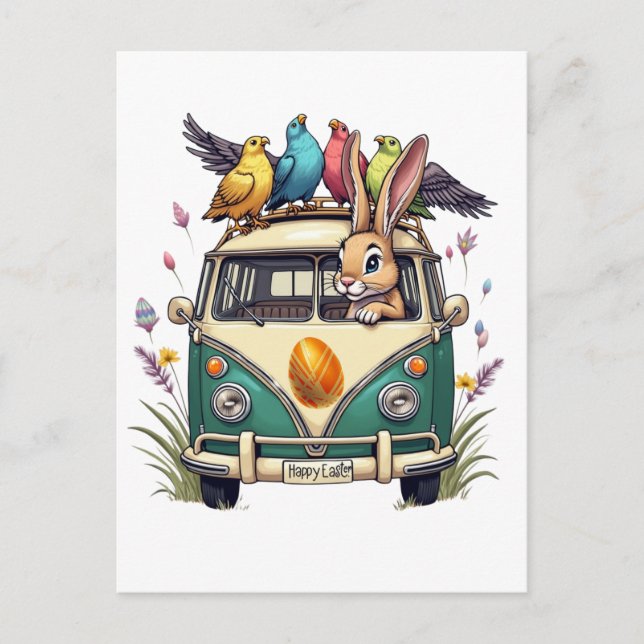 Easter Bunny in a Bus with Bird Friends- Spring Ce Postcard (Front)