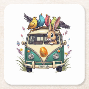 Easter Bunny in a Bus with Bird Friends- Spring Ce Square Paper Coaster