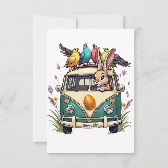 Easter Bunny in a Bus with Bird Friends- Spring Ce Thank You Card (Front)