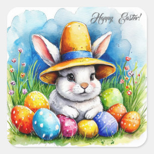Easter bunny in a hat square sticker