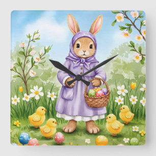 Easter Bunny in a Lilac Dress Square Wall Clock