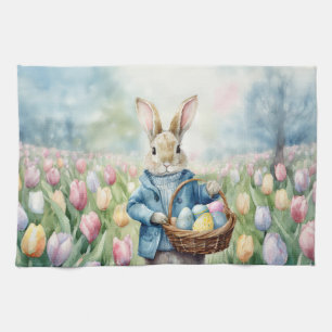 Easter Bunny in a meadow of Tulips Tea Towel