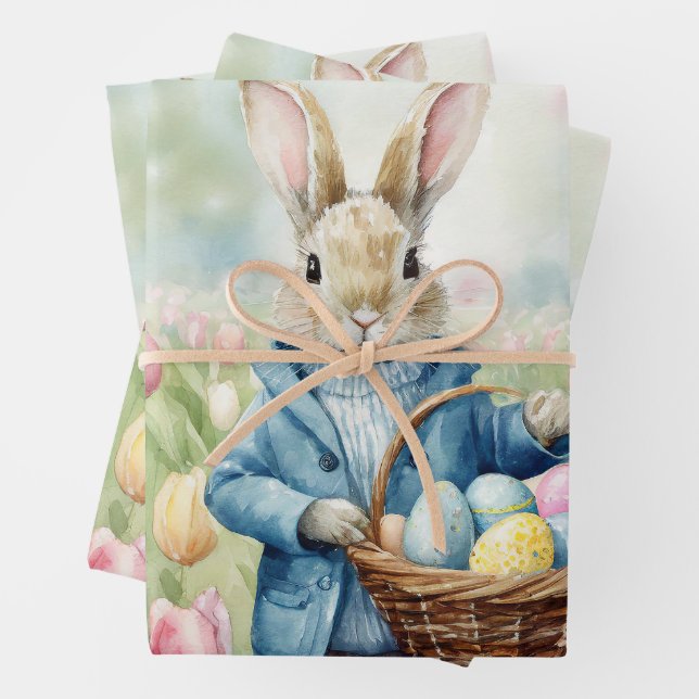 Easter Bunny in a meadow of Tulips Wrapping Paper Sheet (In situ)