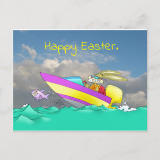 Easter bunny, in a speed boat. holiday postcard
