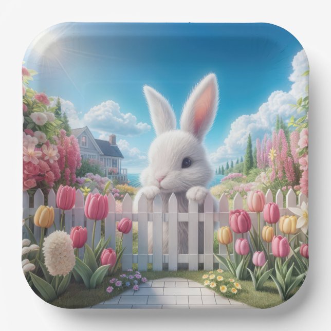 Easter Bunny In a Tulip Garden Paper Plate (Front)
