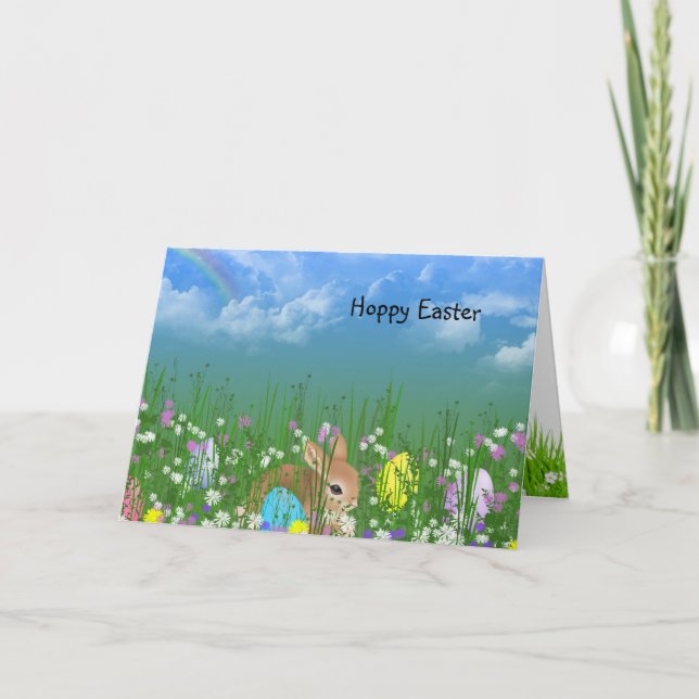 Easter Bunny In Grass with Rainbow Holiday Card (Front)