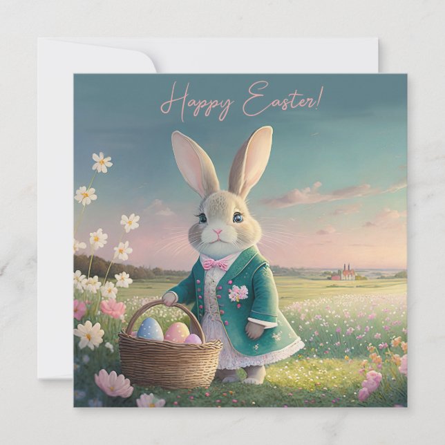 Easter bunny in little blue jacket holiday card (Front)
